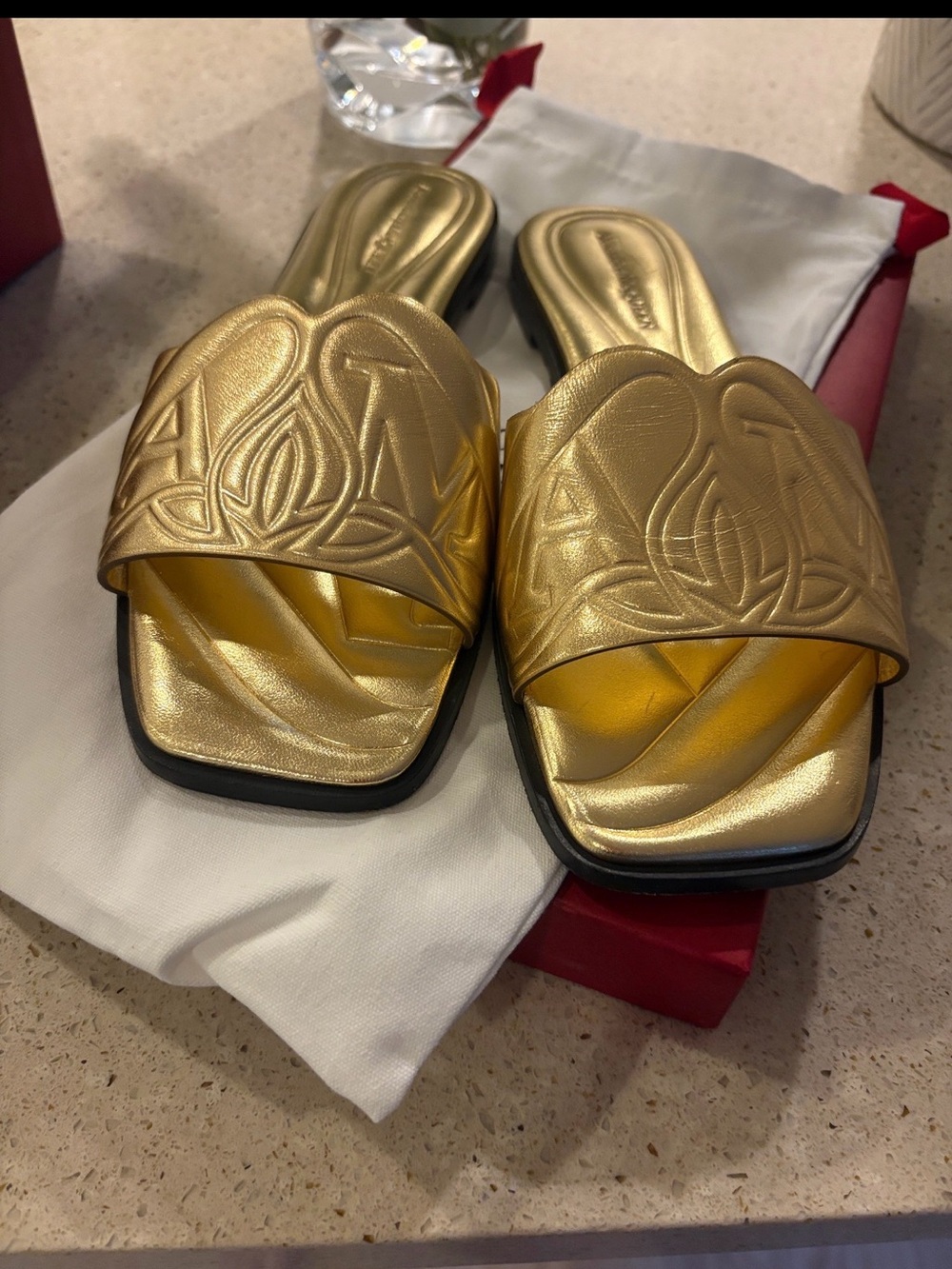 Alexander McQueen Gold Embossed Slide Sandals - Women
